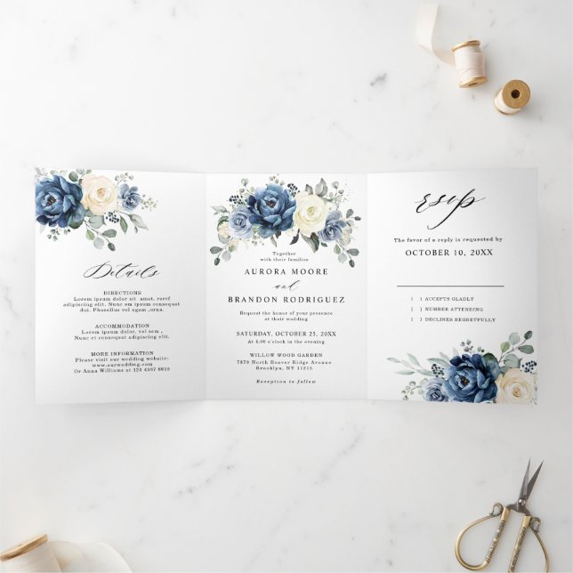 Anúncio Com Dobra Tripla Azul Navy Champagne Marfim Floral Tri-Fold A (Dentro)