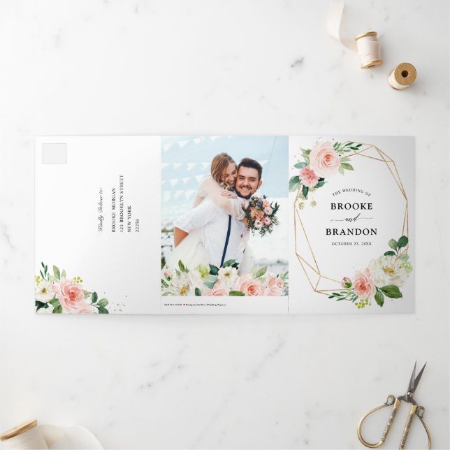 Anúncio Com Dobra Tripla Bela Floral Botânica Rosa Pastel Casamento (Fora)