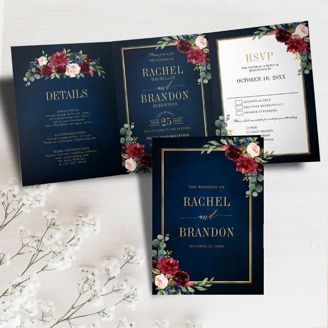 Anúncio Com Dobra Tripla Béryl Geométrico Casamento Tr Burgundy Dourado (Navy Blue Blush Burgundy Gold Geometric Wedding photo Tri-Fold Announcement)