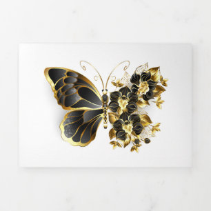 Anúncio Com Dobra Tripla Borboleta Flor Dourada com Orquídea Preta