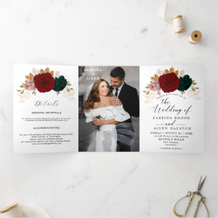 Anúncio Com Dobra Tripla Casamento Autumanal Dourado Burgundy Emerald Green