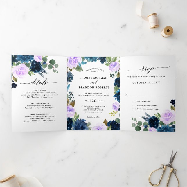 Anúncio Com Dobra Tripla Casamento botânico Boho lavanda roxa azul marinho (Dentro)