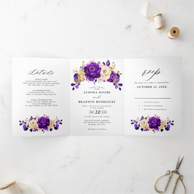 Anúncio Com Dobra Tripla Casamento Botânico Floral Roxo Real Dourado (Dentro)