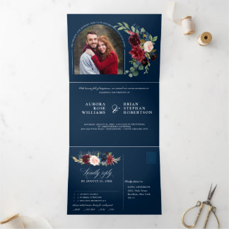 Anúncio Com Dobra Tripla Casamento De Foto Floral Com Blush Marinho Azul