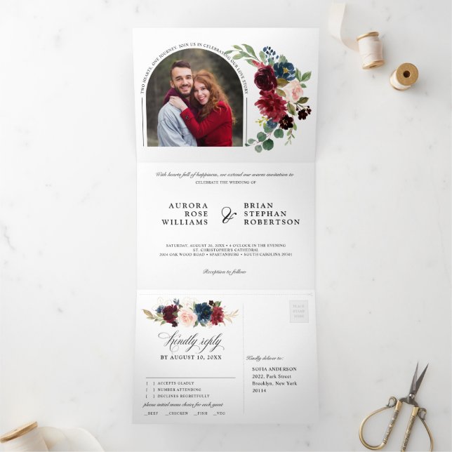 Anúncio Com Dobra Tripla Casamento De Foto Floral Com Blush Marinho Azul (Dentro)