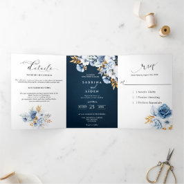 Anúncio Com Dobra Tripla Casamento Floral Azul Po dusty Branco Dourado 