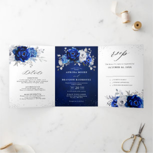 Anúncio Com Dobra Tripla Casamento Floral Azul Royal Branco Metálico Prata