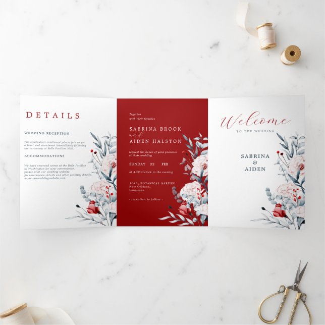 Anúncio Com Dobra Tripla Casamento Floral De Flor Vermelho E Azul (Dentro)