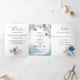 Anúncio Com Dobra Tripla Casamento Floral em Azul Poeirento Branco Dourado