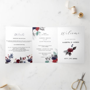 Anúncio Com Dobra Tripla Casamento Floral Gótico Vermelho Burgundy Azul Mar