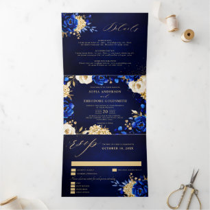 Anúncio Com Dobra Tripla Casamento Floral Metálico Azul Real Amarelo Dourad