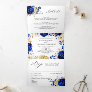 Anúncio Com Dobra Tripla Casamento Floral Metálico Azul Real Amarelo Dourad