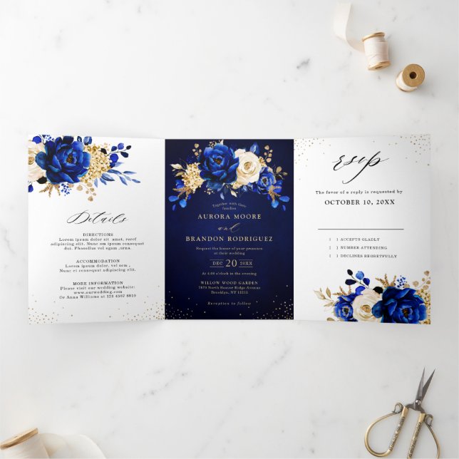 Anúncio Com Dobra Tripla Casamento Floral Metálico Azul Royal Amarelo Doura (Dentro)