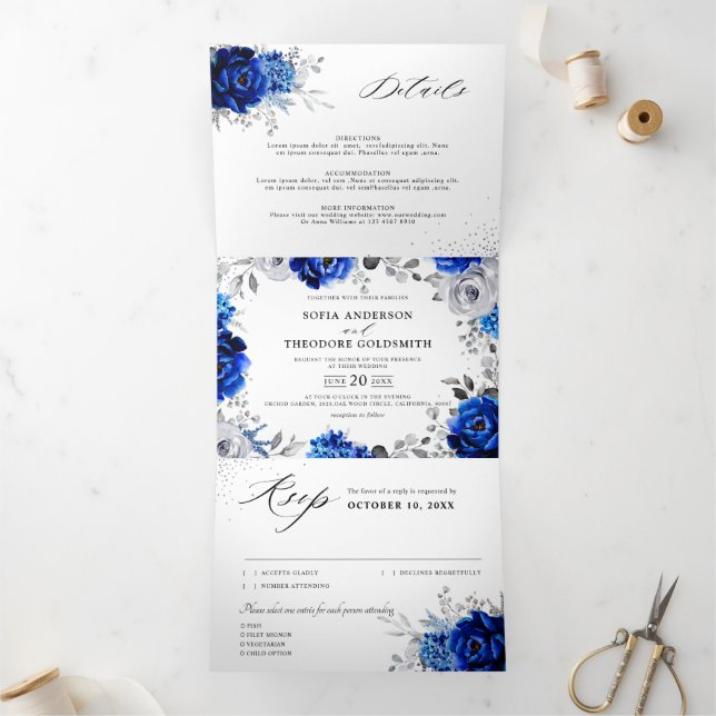 Anúncio Com Dobra Tripla Casamento Floral Metálico Azul Royal Branco Prata (Dentro)