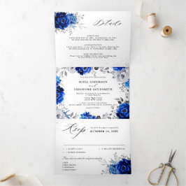 Anúncio Com Dobra Tripla Casamento Floral Metálico Prata Azul Royal Branco
