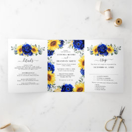 Anúncio Com Dobra Tripla Casamento Floral Moderno de Girassol Azul Royal Rú