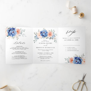 Anúncio Com Dobra Tripla Casamento Floral Rosa Poeira Azul Naval 