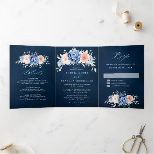 Anúncio Com Dobra Tripla Casamento Floral Rosa Poeira Azul Naval 