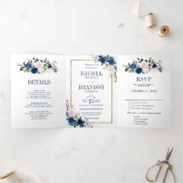Anúncio Com Dobra Tripla Casamento Geométrico Boho Rosa Azul Marinho