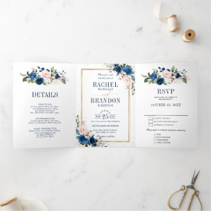 Anúncio Com Dobra Tripla Casamento Geométrico Boho Rosa Azul Marinho