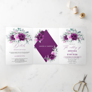 Anúncio Com Dobra Tripla Casamento Geométrico do Blush Roxo Rústico Elegant