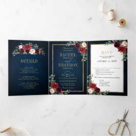 Anúncio Com Dobra Tripla Casamento Geométrico Dourado com Blush Azul-marinh