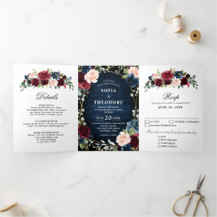 Anúncio Com Dobra Tripla Casamento Geométrico Dourado Floral Blush Marinho