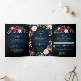 Anúncio Com Dobra Tripla Casamento Geométrico Dourado Floral Blush Marinho
