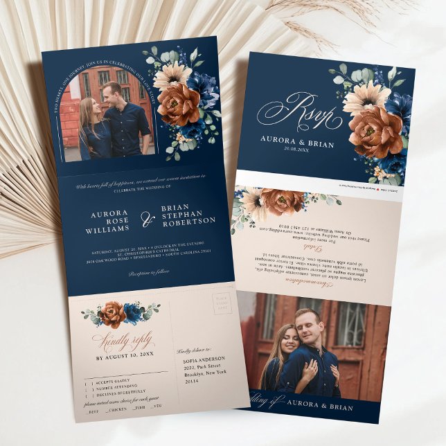 Anúncio Com Dobra Tripla Casamento Russo de Grass Marinho Terracotta Blue P (Terracotta Navy Blue Pampas Grass Rustic Wedding All in one photo Tri-Fold Announcement)