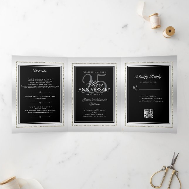 Anúncio Com Dobra Tripla Código QR do 25º Aniversário de Casamento Silver & (Dentro)