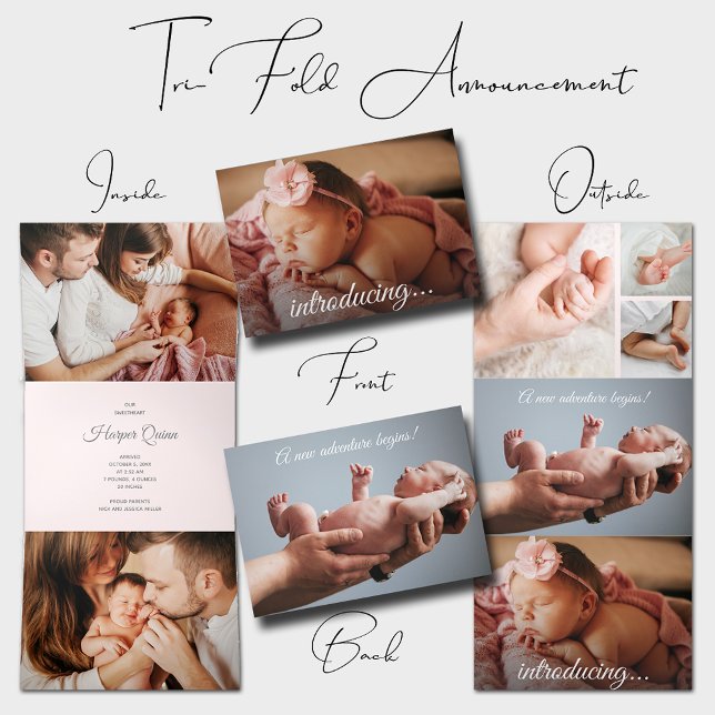 Anúncio Com Dobra Tripla Colagem de Fotos de Recém-Nascidos Elegante (Elegant newborn photo collage tri-fold birth announcements)