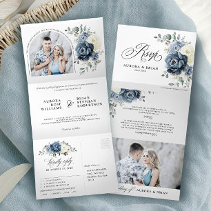 Anúncio Com Dobra Tripla Dusty Blue Marinho Champanhe Ivory Floral Casament