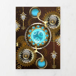Anúncio Com Dobra Tripla Fundo Enferrujado Steampunk com Lentes Turquesa