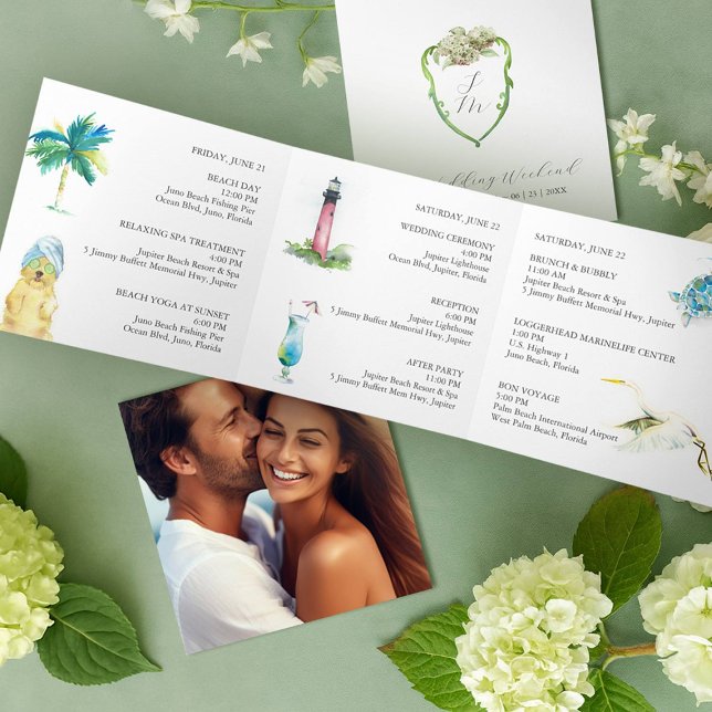 Anúncio Com Dobra Tripla Green Hydrangea Wedding Day Schedule  (Trifold wedding program designed with had painted art Florida watercolor artist Victoria Grigaliunas)