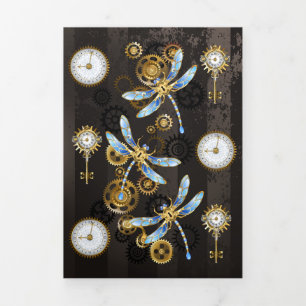 Anúncio Com Dobra Tripla Libélulas Steampunk em fundo listrado marrom