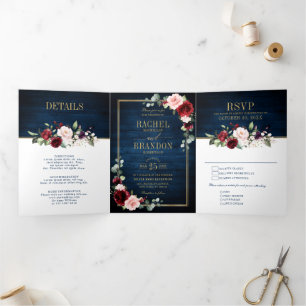 Anúncio Com Dobra Tripla Marinho Azul Blush Borgonha Dourada Casamento Geom