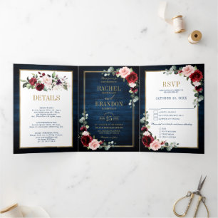 Anúncio Com Dobra Tripla Marinho Azul Blush Borgonha Dourada Casamento Geom