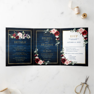 Anúncio Com Dobra Tripla Marinho Azul Blush Borgonha Dourada Casamento Geom