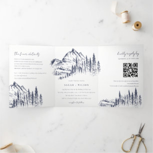 Anúncio Com Dobra Tripla Marinho Pine Woods Mountain Sketch Casamento Códig