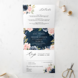 Anúncio Com Dobra Tripla Navy Azul Pó Rosa Floral Casamento Tri-Fol