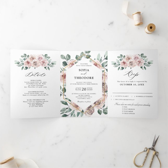 Anúncio Com Dobra Tripla Rosa Mauve Floral Geométrico Casamento  (Dentro)