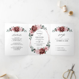 Anúncio Com Dobra Tripla Rosa Mauve Rosa Floral Geométrico Casamento 