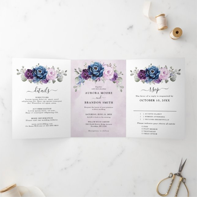Anúncio Com Dobra Tripla Roxo Azul Sujo Lilás Navy Flores Casamento Tri-Fo (Dentro)