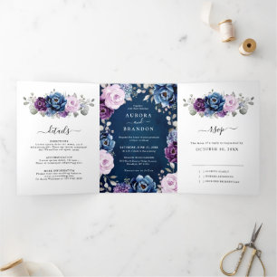 Anúncio Com Dobra Tripla Roxo Azul Sujo Lilás Navy Flores Casamento Tri-Fo