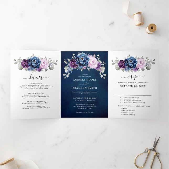Anúncio Com Dobra Tripla Roxo Navy Azul Poeira Lilac Floresce Casamento Tri (Dentro)
