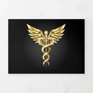 Anúncio Com Dobra Tripla Símbolo Poligonal Dourado Caduceu
