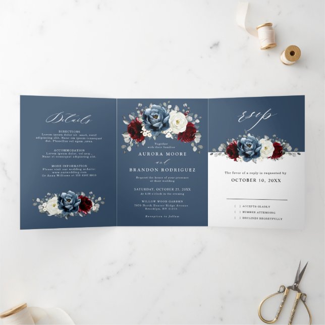 Anúncio Com Dobra Tripla Slate Blue Burgundy White Ivory Floral Casamento T (Dentro)