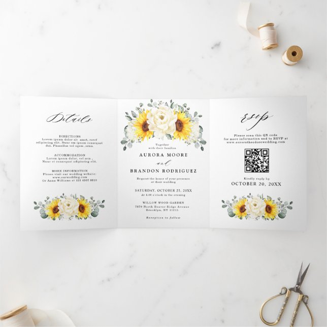 Anúncio Com Dobra Tripla Sunflower Ivory Peony Floral Código QR Casamento (Dentro)