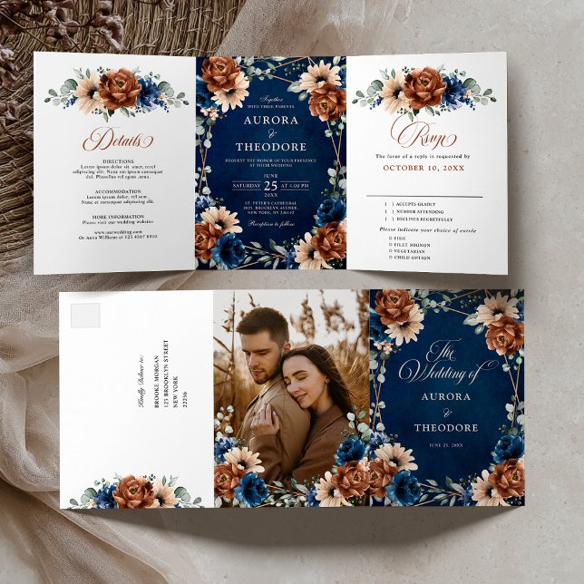 Anúncio Com Dobra Tripla Terracota Azul Marinho Verde Geométrico Tr (Terracotta Navy Blue Greenery Geometric Wedding Tri-Fold Announcement / All in one invitation)