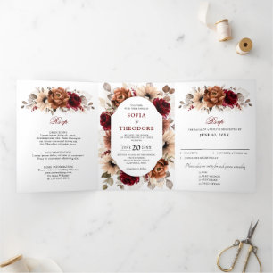 Anúncio Com Dobra Tripla Terracota Burgundy Mauve Floral Casamento Geométri